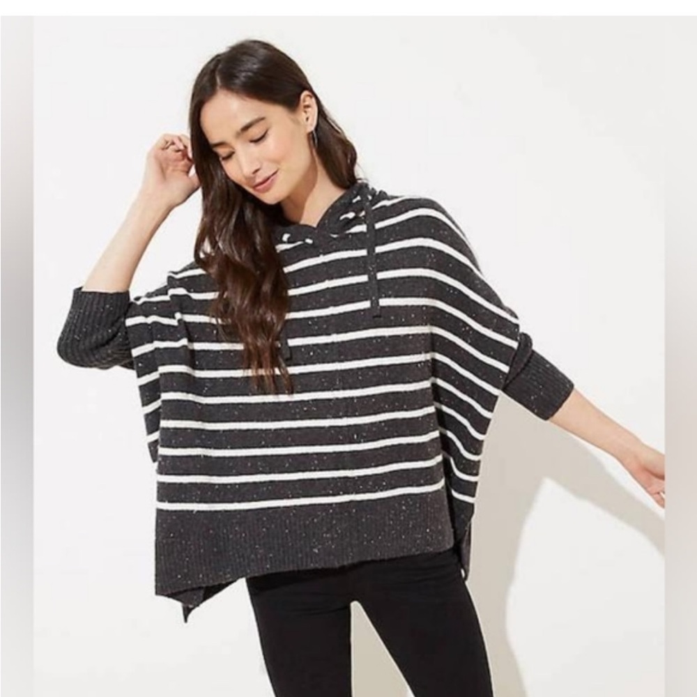 LOFT striped hooded poncho style sweater charcoal gray white cotton blend soft S